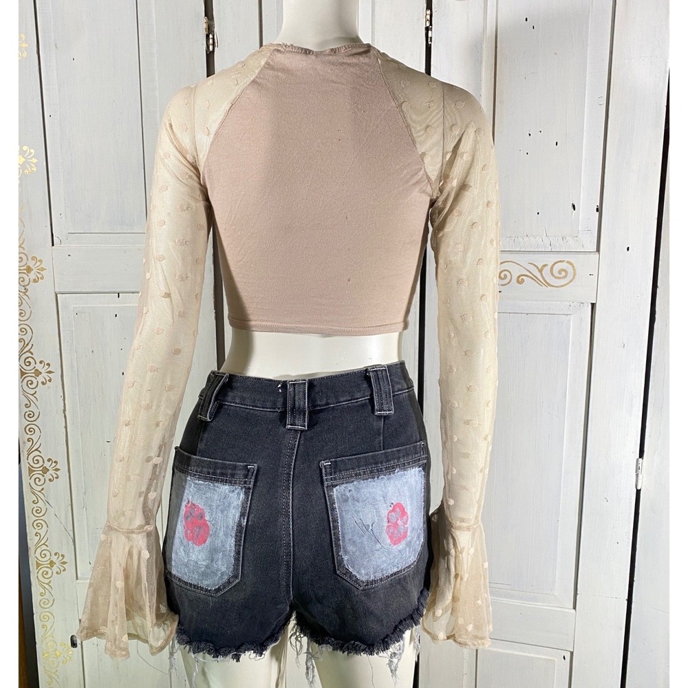 Pink‎ Pastel Goth Vintage Caution Label Crop Tee w/Mesh Bell Sleeves Size Small - Picture 8 of 10